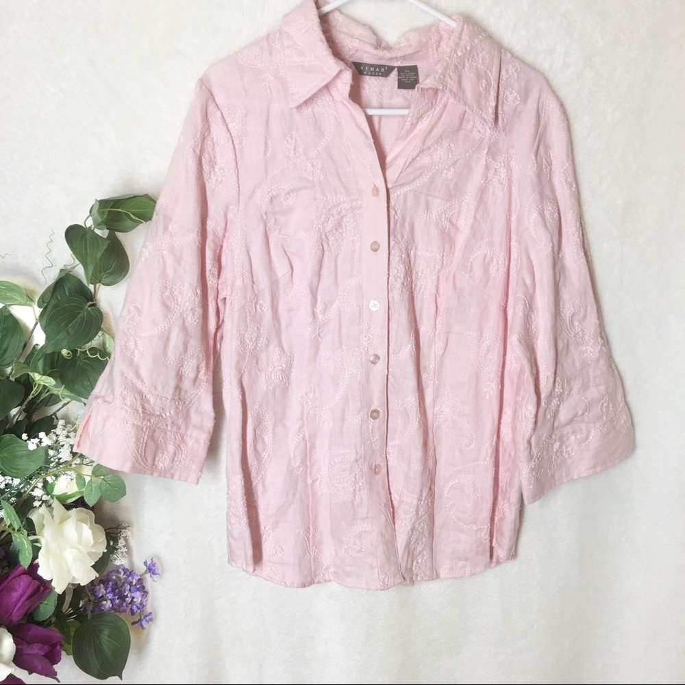 Kenar Women Boho Pink Top Embroidered Button Up